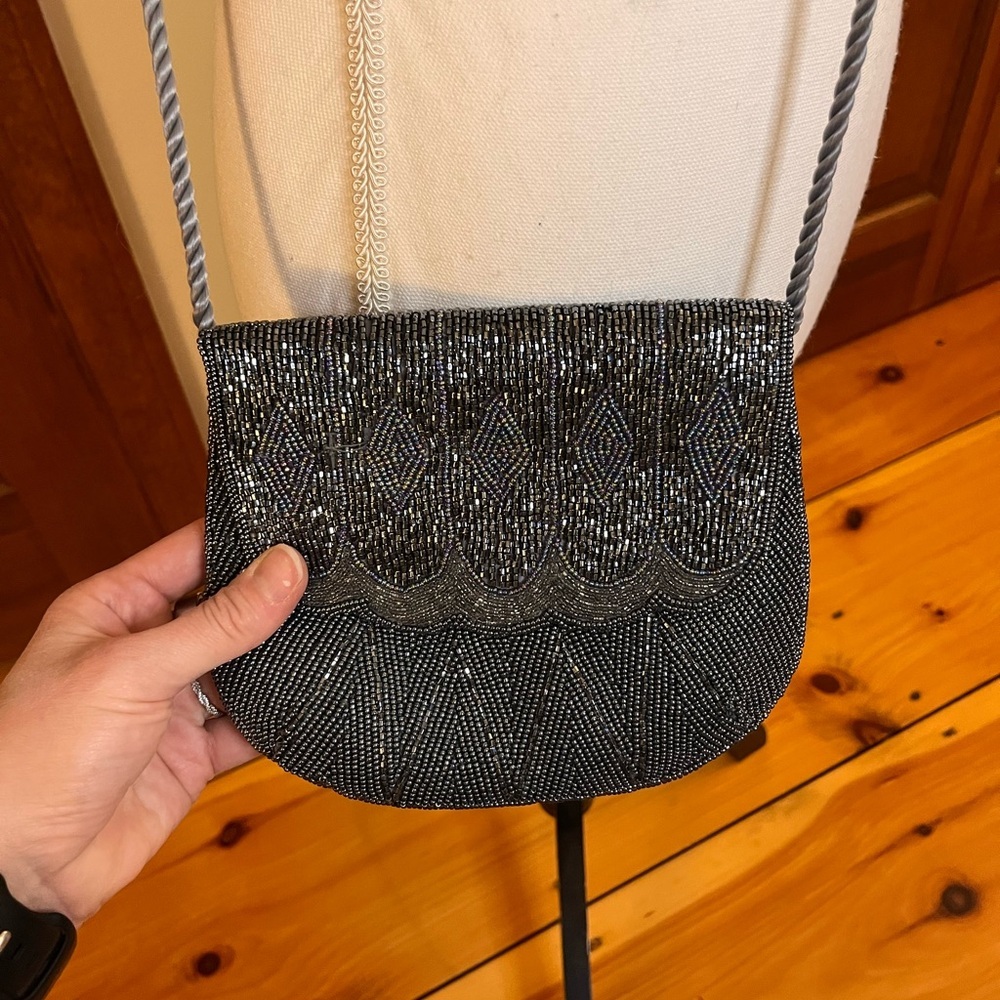 Vintage Beaded Black Silver Evening Purse Double Sided Scallop Flap Flapper Glam - Picture 3 of 8